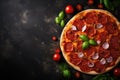 Close Up of Pizza on Table, Delicious, Cheesy, Freshly-Baked Tasty Italian Dish, Tasty pepperoni pizza and cooking ingredients Royalty Free Stock Photo