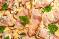 Close up of pizza topping. Macro photo of a pizza topping Royalty Free Stock Photo