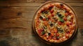 Close-up pizza wooden plate table Royalty Free Stock Photo