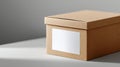 Close-up of a plain brown cardboard box with a blank white label on a gray surface and background Royalty Free Stock Photo