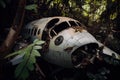 close-up of plane wreck, with debris scattered across jungle floor Royalty Free Stock Photo