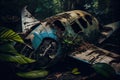 close-up of plane wreck, with debris scattered across jungle floor Royalty Free Stock Photo