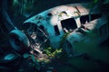 close-up of plane wreck, with debris scattered across jungle floor Royalty Free Stock Photo