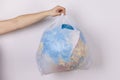 a close-up of the planet earth in the form of a globe in a plastic bag. the concept of saving the planet from an