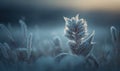 a close up of a plant with frost on it\'s leaves and grass in the foreground, with a blurry background of the grass