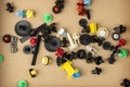 Close-up of plastic colored clips for car.Abstract background. Panel plastic rivets, Auto plastic clips Royalty Free Stock Photo