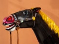 A black plastic horse`s head with leather reins. A play device for children.