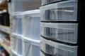 Close up of plastic storage drawers in store Royalty Free Stock Photo