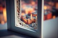 close-up of plastic window frame, with the view of a busy city visible through it