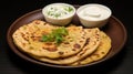 Close up of plate with aloo paratha, yogurt, pickles