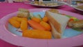 A close up of a plate of buffet food