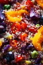 A close up of a plate of colorful food. Generative AI image.