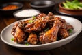 Close-up of a plate of crispy chicken teriyaki wings, hot and fresh out of the oven, served with a side of dipping sauce