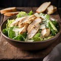 Close up of plate of fresh caesar salad with chicken, created using generative ai technology Royalty Free Stock Photo