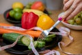 close-up of a plate full of vegetables and measure tape lying on them Royalty Free Stock Photo