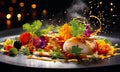 close-up on a plate with healthy food on blurred dark background