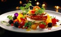 close-up on a plate with healthy food on blurred dark background