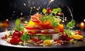 close-up on a plate with healthy food on blurred dark background