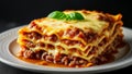 close up of a plate of lasagna with bolognese sauce