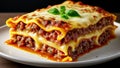 close up of a plate of lasagna with bolognese sauce