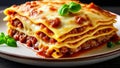 close up of a plate of lasagna with bolognese sauce
