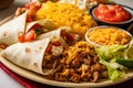 close-up of plate with mix of tacos, burritos, and nachos