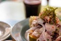 Close up of a plate of mixed ceviche