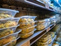 Close up of plate of pasta salad cooked for purchase on a grocery store.