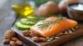 A close up of a plate with salmon, nuts and cucumbers, AI Royalty Free Stock Photo