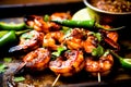 A close up of a plate with shrimp and peppers on skewers, AI