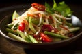 Plate of Som tam, Spicy green papaya salad, Thailand food. Generative AI