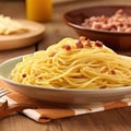 Close up of a plate of spaghetti carbonara on a wooden table