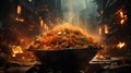 Close-up of a plate of spicy, hot noodle meal in a rural Asian street