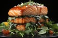 A close up of a plate of stacked fried salmon on a table. Generative AI image. Royalty Free Stock Photo