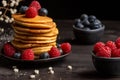 Close-up of plate with stacked pancakes, blueberries and raspberries, on table and dark background with white flowers, Royalty Free Stock Photo
