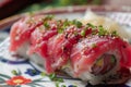 Close-up of a Plate of Sushi, Bluefin tuna sushi on a fine china plate, AI Generated