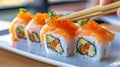 A close up of a plate with sushi rolls on it, AI Royalty Free Stock Photo