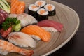 Close up of the plate of sushi and sashimi assorted. Isolated image