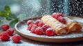 Close-up of a plate with traditional Italian cannoli, dusted with powdered sugar and garnished with fresh berries and