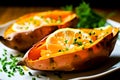 A close up of a plate with two stuffed sweet potatoes, AI