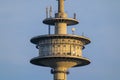 Close-up of the platform of a TV tower in front of a blue sky Royalty Free Stock Photo