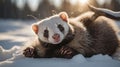Adorable Ferret Relaxing in Fresh Snow under the Warm Winter Sun Glimmering Royalty Free Stock Photo