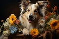 Close-up of a playful shaggy dog in a basket of flowers