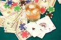 Close up of four of aces, chips and cash on gambling table. Poker concept. Royalty Free Stock Photo