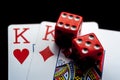 Close-up - Playing Cards And Red Gaming Dices Royalty Free Stock Photo