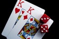 Close-up - Playing Cards And Red Gaming Dices Royalty Free Stock Photo