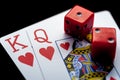 Close-up - Playing Cards And Red Gaming Dices Royalty Free Stock Photo