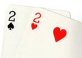 Close up of playing cards showing a pair of twos. Royalty Free Stock Photo