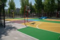 close-up of the playing surface, with different kinds of sports equipment visible