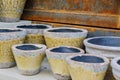 Close up of plenty empty clay flower pots for sale. Garden and interior decoration